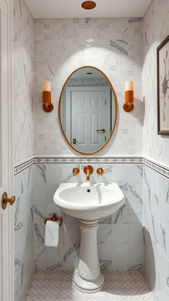 29+ Stunning Powder Room Ideas to Elevate Your Space 3 A stylish powder room featuring a pedestal sink, round mirror, and elegant wall sconces.