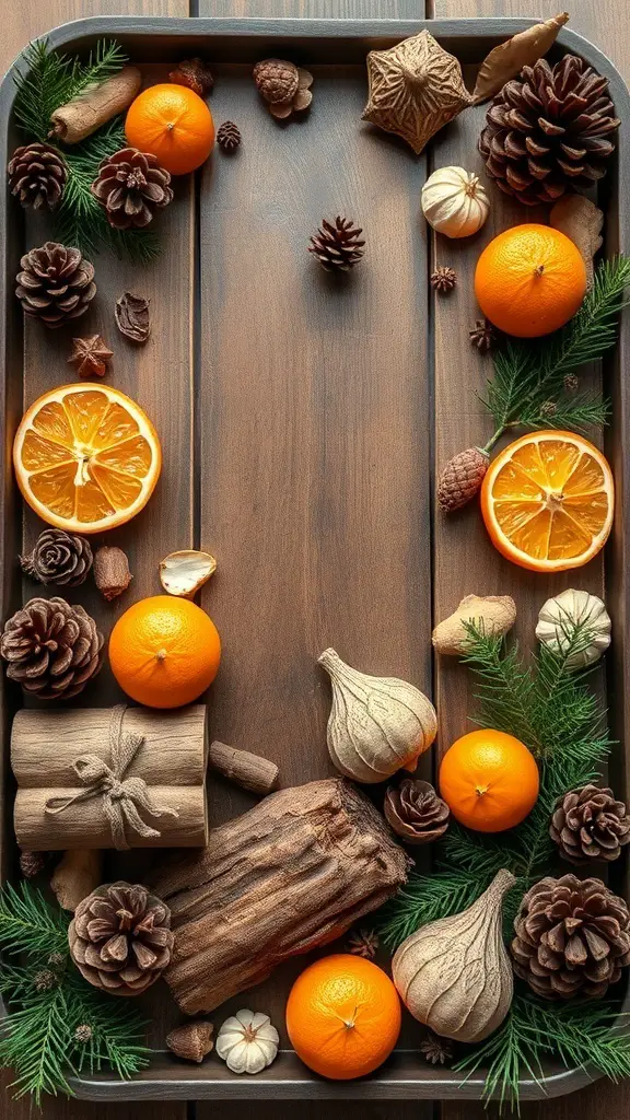 A wooden tray filled with pinecones, oranges, and natural elements for a festive display.