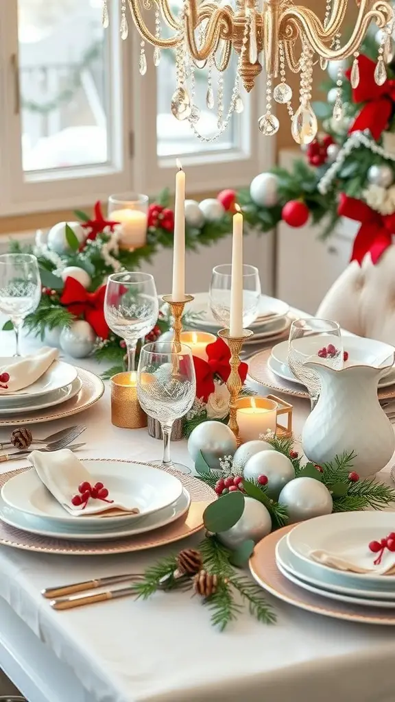 A beautifully decorated holiday table with elegant plates, glassware, candles, and festive decorations.