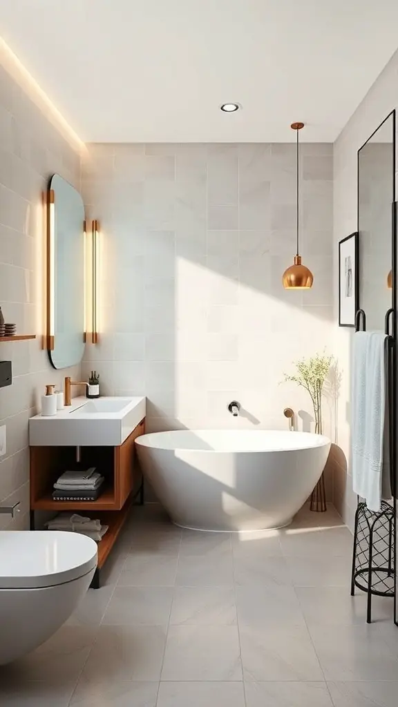 27+ Stunning Mid Century Modern Bathroom Ideas You'll Love 11 A modern bathroom featuring integrated technology with sleek design elements.