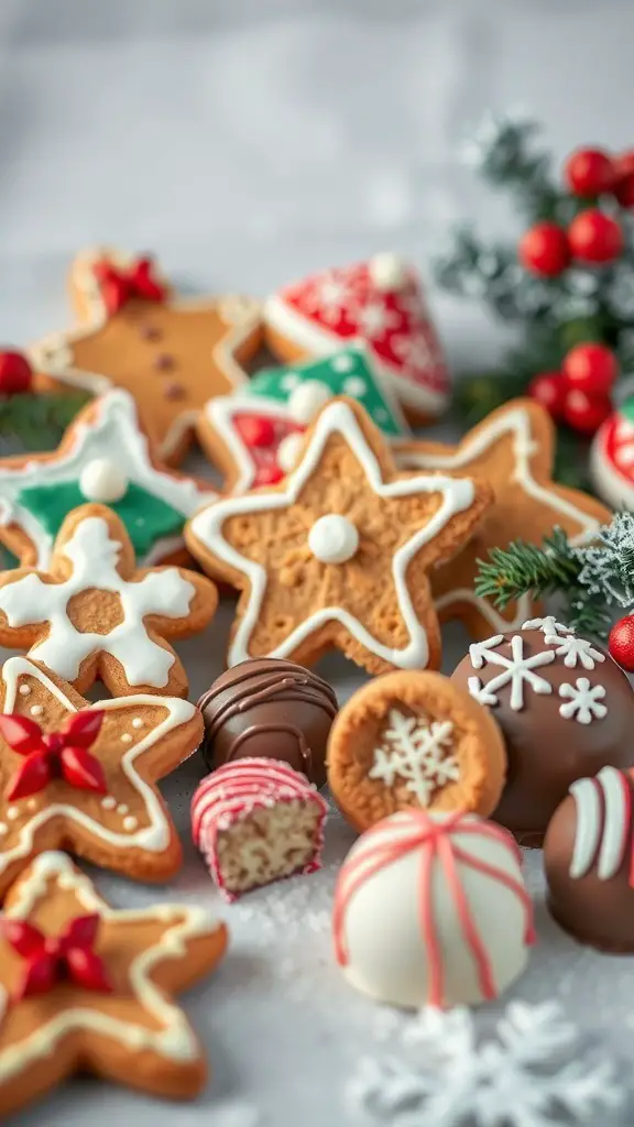 29+ Festive Grazing Table Ideas for a Perfect Christmas Celebration 6 A variety of decorated Christmas cookies and chocolates on a table.