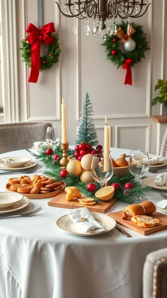 29+ Festive Grazing Table Ideas for a Perfect Christmas Celebration 14 A beautifully set Christmas dining table with festive decorations, candles, and a variety of treats.