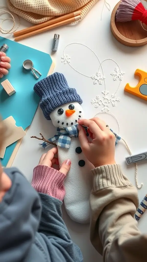 Children making snowman sock puppets with craft supplies
