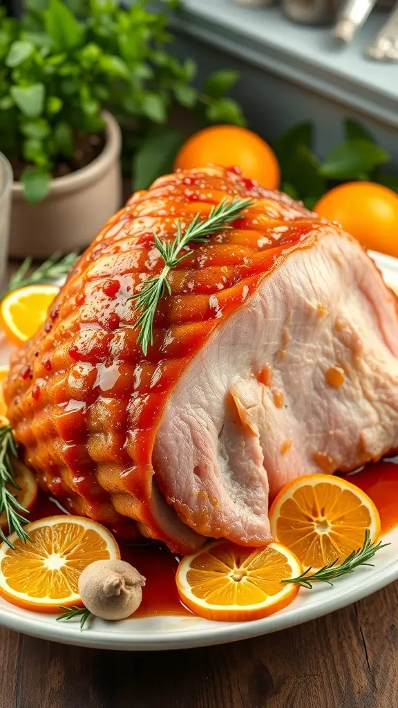 31+ Delightful Christmas Eve Food Ideas for a Festive Celebration 5 A beautifully cooked honey glazed ham garnished with oranges and herbs.
