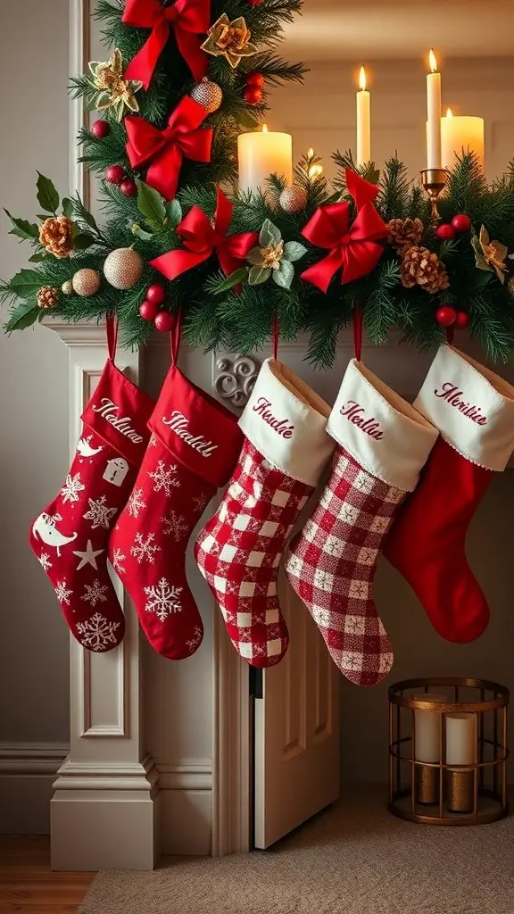 A set of personalized Christmas stockings hanging by a decorated mantle with candles and a wreath.