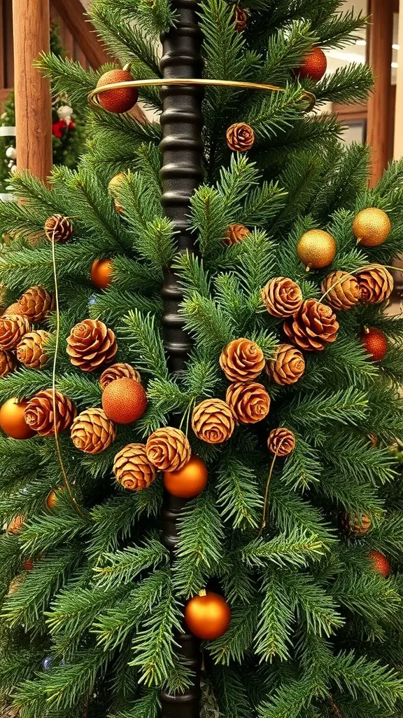 A rustic Christmas tree decorated with pinecone garlands and orange ornaments.