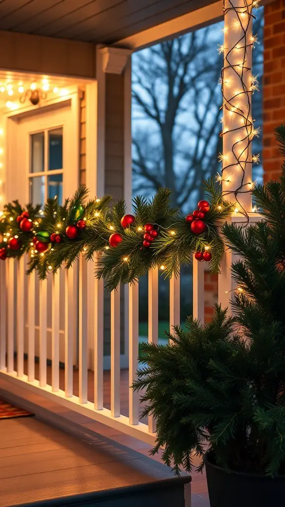 Decorated railing with lighted garland, red ornaments, and potted plants