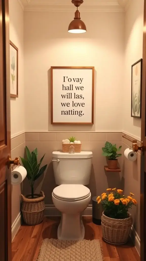 Small bathroom with framed inspirational quote on the wall, plants, and warm lighting.