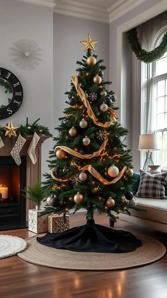 27+ Stunning Black Christmas Tree Ideas to Elevate Your Holiday Decor 3 A beautifully decorated black Christmas tree with a black skirt, gold and silver ornaments, and a cozy living room setting.