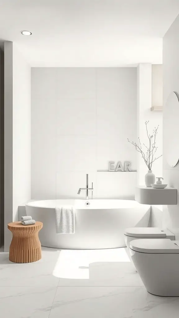 23+ Chic Neutral Toned Bathroom Ideas for a Serene Space 14 A minimalist bathroom featuring a round bathtub, wooden stool, and neutral accessories.
