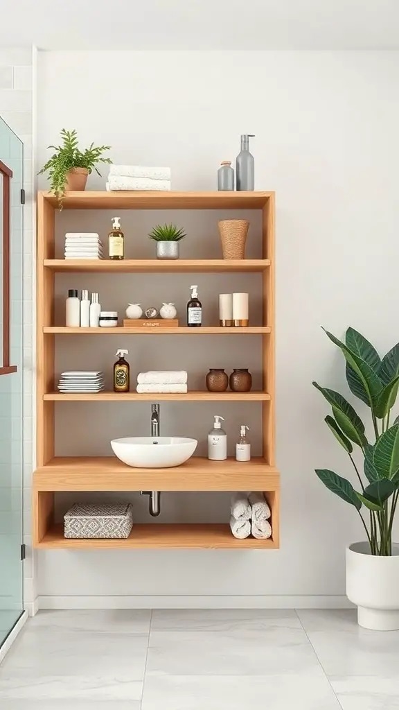 27+ Stunning Mid Century Modern Bathroom Ideas You'll Love 4 Open shelving in a mid-century modern bathroom displaying towels, plants, and toiletries.