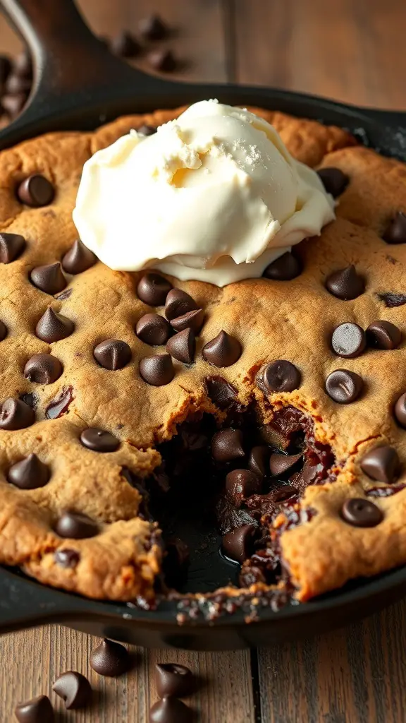 27+ Delightful Thanksgiving Desserts You Need to Try 14 A delicious chocolate chip cookie pie topped with a scoop of vanilla ice cream, served in a cast iron skillet.