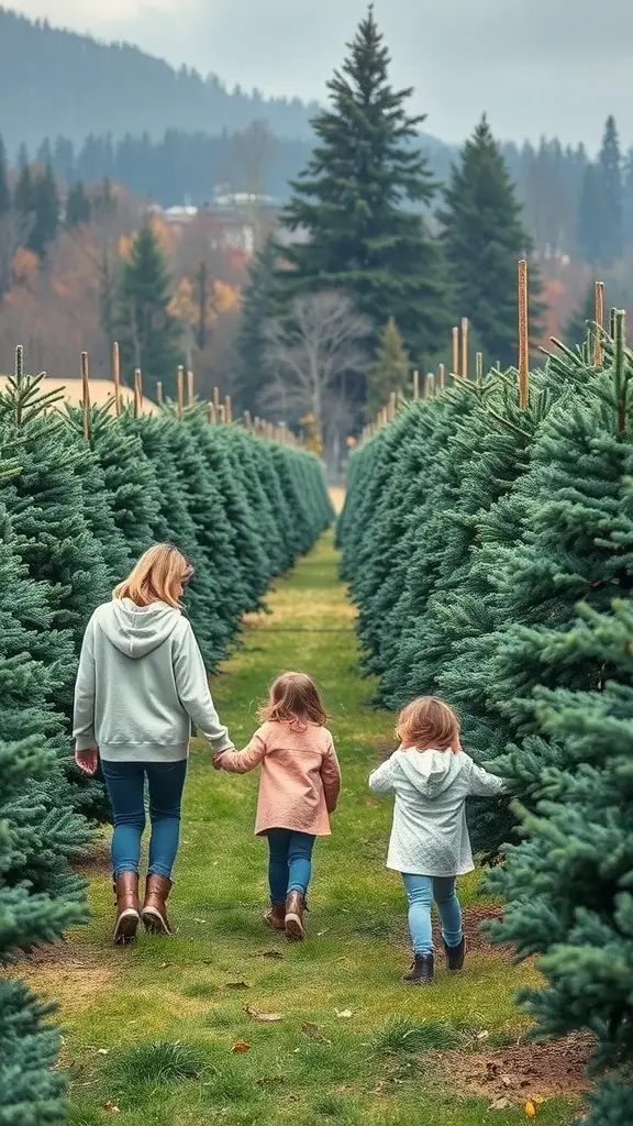 23+ Festive Christmas Event Ideas for a Joyous Celebration 15 A mother and two children walking through a Christmas tree farm, surrounded by rows of evergreen trees.