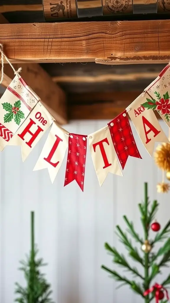 A colorful holiday-themed fabric banner with festive designs hanging from a wooden beam.