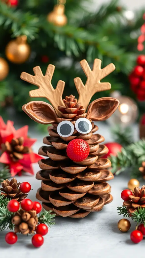 A cute pine cone reindeer with googly eyes and a red nose, surrounded by festive decorations.