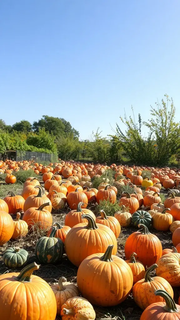 A sunny pumpkin patch with numerous pumpkins scattered across the ground under a clear blue sky.