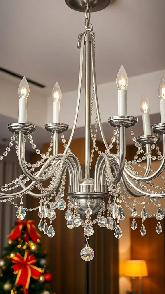 29+ Stunning Christmas Chandelier Ideas to Brighten Your Holidays 15 A sleek silver and glass chandelier with light bulbs and decorative glass accents.