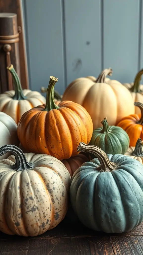 A collection of vintage pumpkins in unique colors, including soft blue, muted green, and classic orange, arranged together.