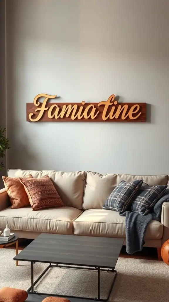 23+ Creative Above Sofa Wall Decor Ideas to Transform Your Space 12 A personalized wooden name sign above a cozy sofa