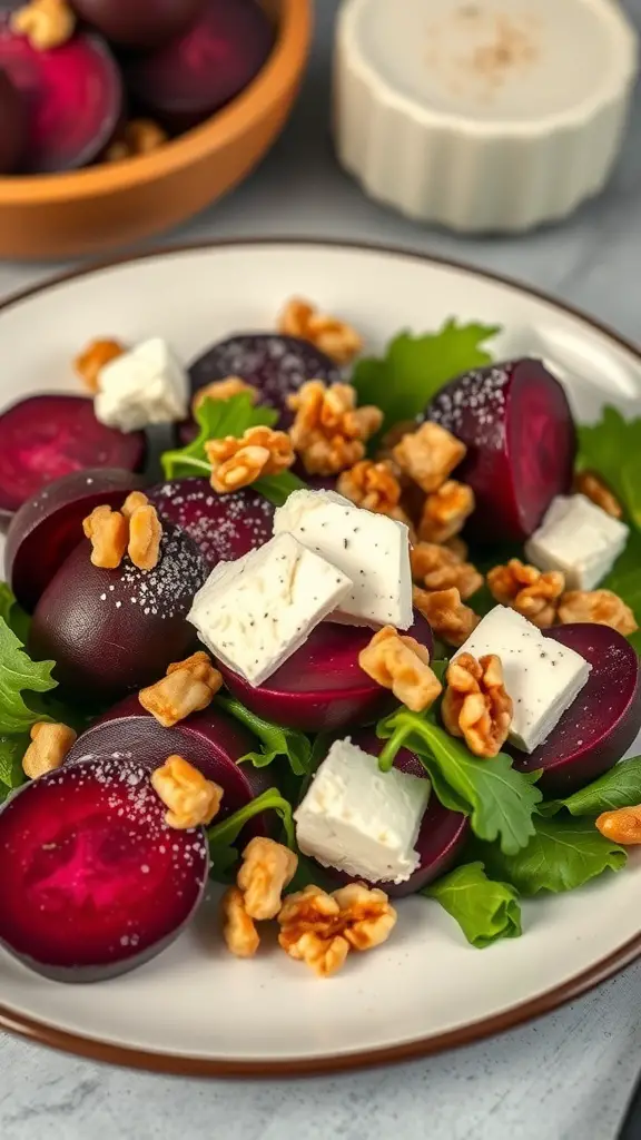 25+ Must-Try Thanksgiving Side Dishes You Need This Year 10 A plate of roasted beet salad with goat cheese, walnuts, and greens.