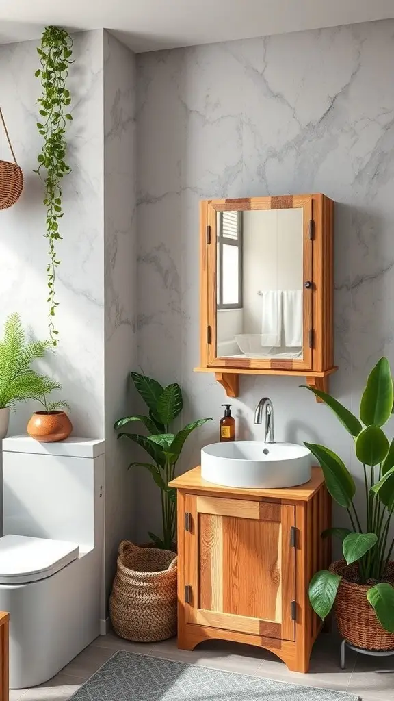 25+ Stylish Bathroom Corner Cabinets for Every Space 10 Eco-friendly wooden corner cabinet in a bathroom with plants and natural decor.