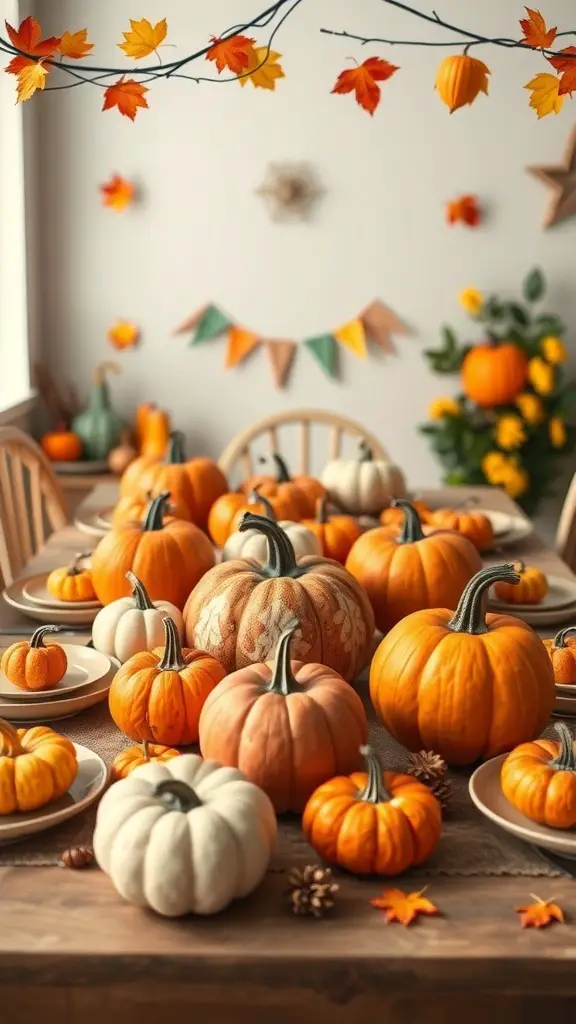 A whimsical harvest-themed Thanksgiving table with various pumpkins and autumn decorations.