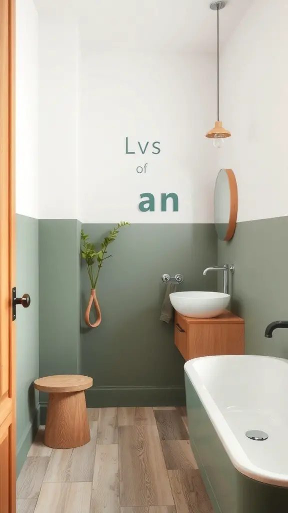 27+ Stunning Two-Tone Wall Paint Ideas to Transform Your Bathroom 6 A bathroom with earthy green lower walls and light gray upper walls, featuring wooden accents and a plant.