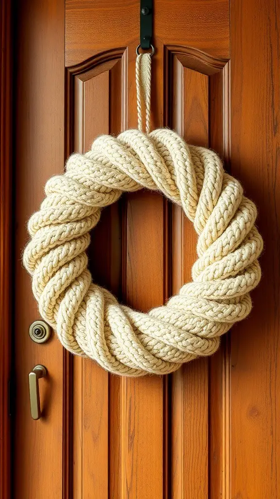 A cozy knit wreath made of thick yarn hanging on a wooden door.