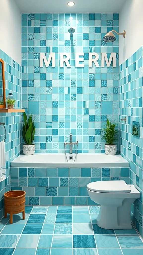 29+ Stunning Blue Bathroom Ideas You’ll Love 8 A bathroom with turquoise and teal tiled walls and floor, featuring a bathtub, toilet, and plants.