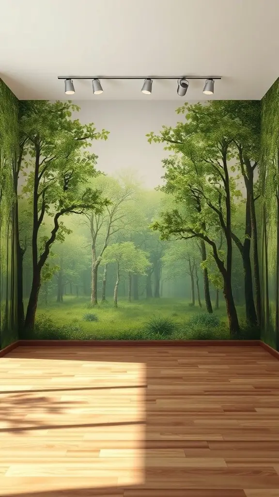 27+ Stunning Wall Paint Designs to Transform Your Space 4 A room with a nature-inspired mural depicting a forest scene, featuring green trees and soft lighting.