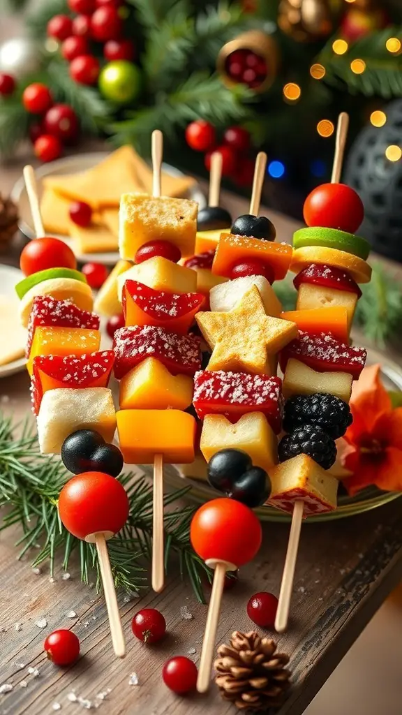 23+ Creative Christmas Breakfast Ideas That Kids Will Love 10 Colorful breakfast skewers with fruits and cheese arranged on a wooden table, decorated for Christmas.