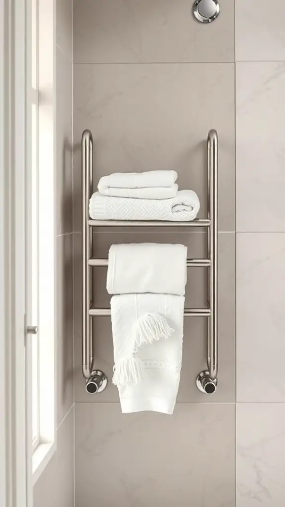 23+ Stylish Bathroom Towel Rack Ideas You’ll Love 12 A sleek, wall-mounted towel rack with neatly stacked white towels in a small bathroom.