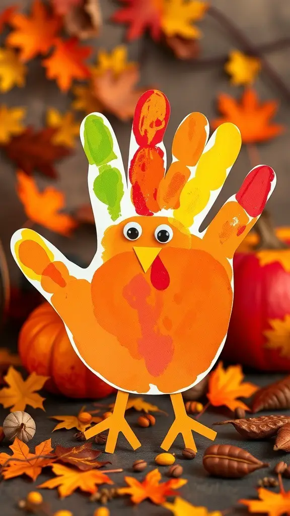 25+ Fun Thanksgiving Crafts for Kids to Make Together 5 A colorful handprint turkey art with painted feathers and googly eyes, surrounded by autumn leaves and pumpkins.