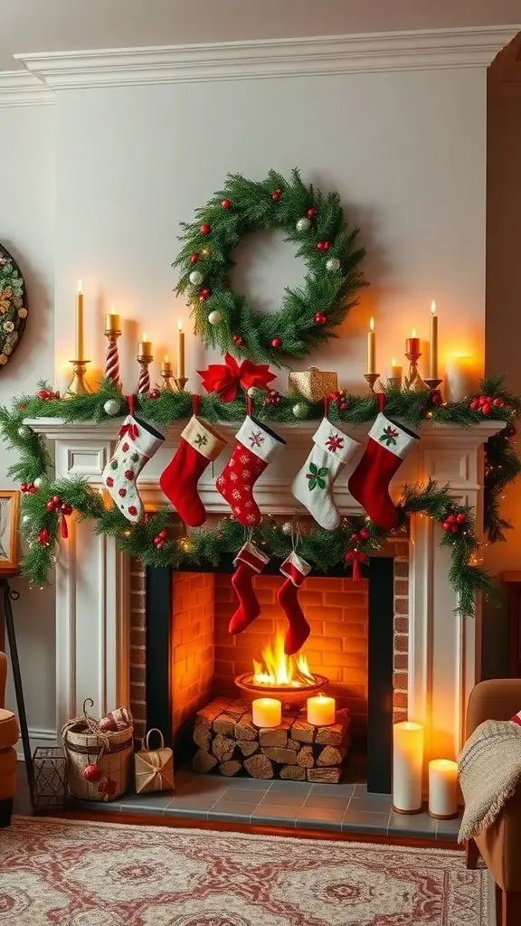 25+ Creative Christmas Decor Ideas for Your Living Room 9 A cozy fireplace mantel decorated for Christmas with stockings, a wreath, candles, and a garland.