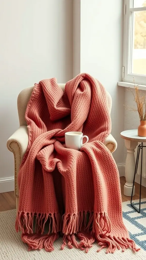 A cozy coral blanket scarf draped over a chair with a mug on it.