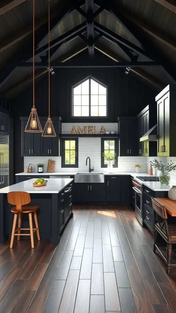 25+ Stunning Black Barndominium Designs You’ll Love 6 Modern black kitchen with high ceilings, large windows, and stylish pendant lights