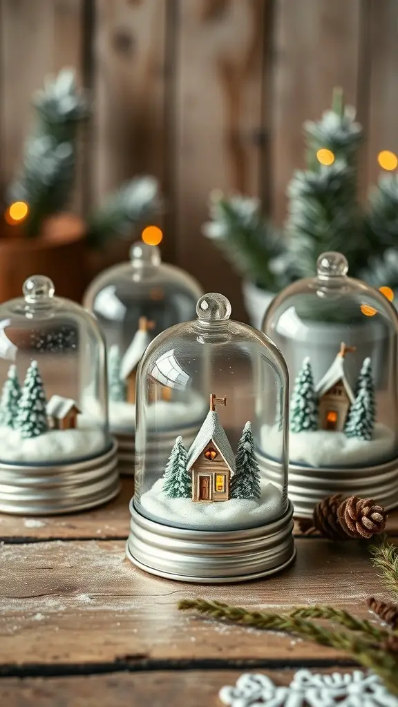 Mason jar snow globes with miniature houses and trees inside