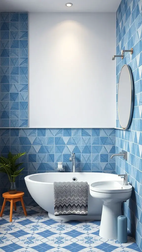 29+ Stunning Blue Bathroom Ideas You’ll Love 13 A modern bathroom featuring blue geometric patterned tiles on the walls and floor, a white bathtub, and a round mirror.