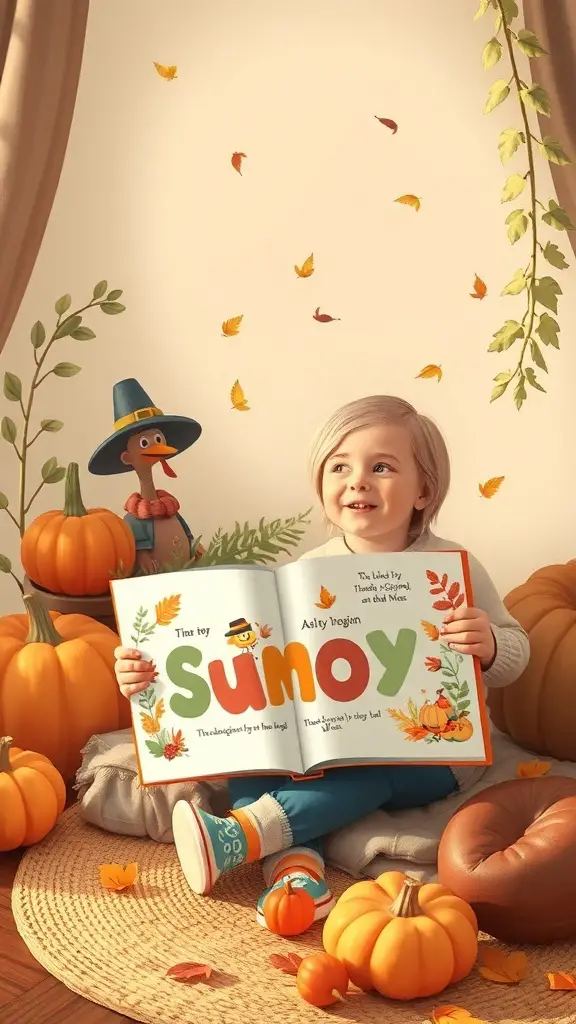 A child happily holding a Thanksgiving storybook titled 'SUMOY,' surrounded by pumpkins and autumn leaves.