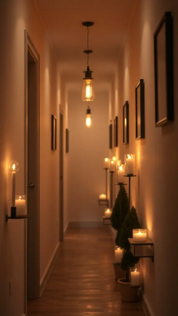 29+ Magical Hallway Christmas Light Ideas to Brighten Your Home 11 A softly lit hallway with candles and potted plants creating a warm atmosphere.