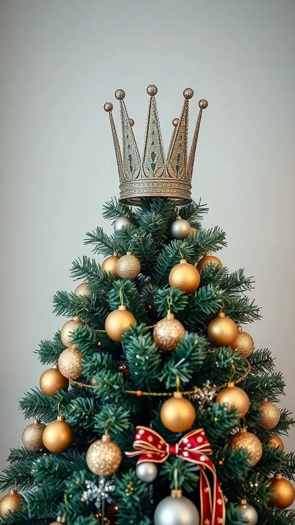 23+ Stunning Christmas Tree Topper Ideas to Inspire Your Holiday Decor 14 A Christmas tree topped with a chic metallic crown, adorned with golden and silver ornaments.