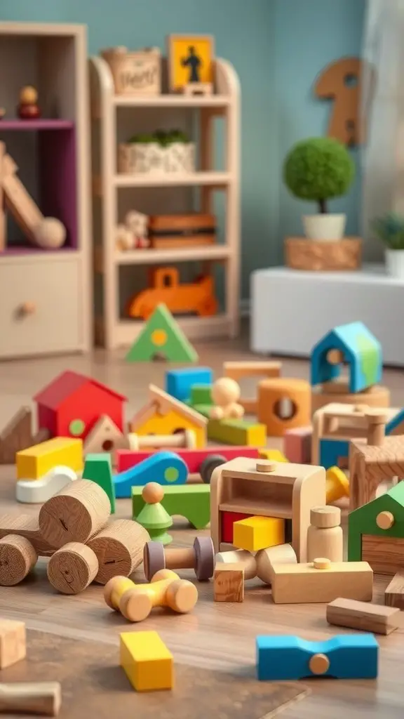 Colorful wooden toys scattered on a floor, including blocks, shapes, and figures.