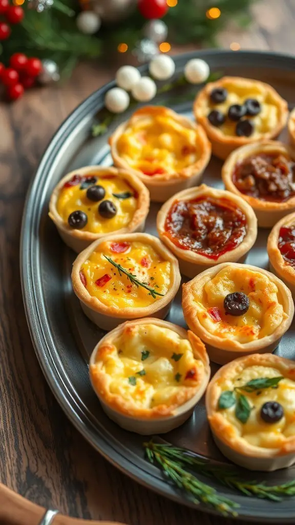 27+ Delicious Christmas Appetizers to Impress Your Guests 8 A platter of mini quiches with various toppings, perfect for Christmas appetizers.