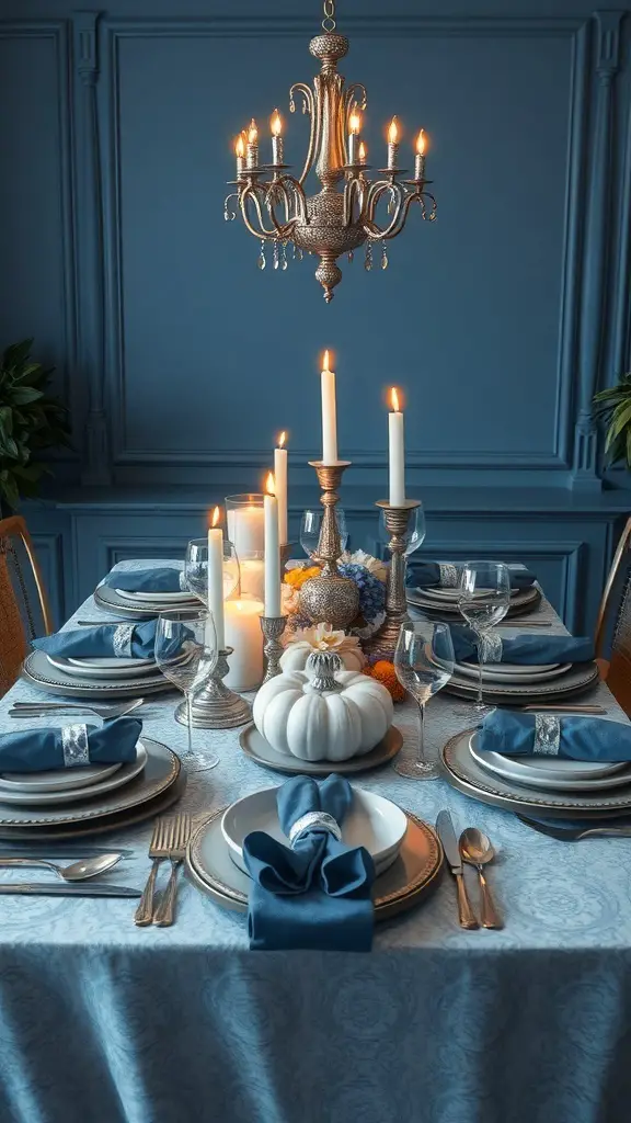 A beautifully set Thanksgiving table with blue and silver decor, featuring a white pumpkin centerpiece and candles.