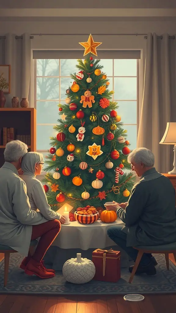 A cozy scene of a Thanksgiving tree decorated with ornaments, surrounded by a family enjoying the moment.