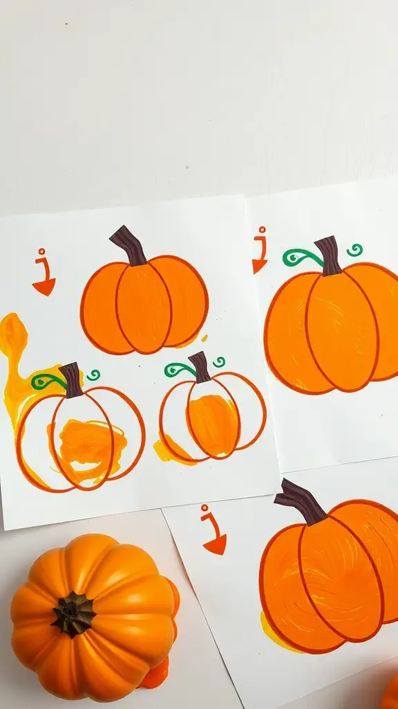 27+ Creative Thanksgiving Crafts for Preschoolers 6 Pumpkin stamps made with orange paint on paper, showcasing various pumpkin designs.