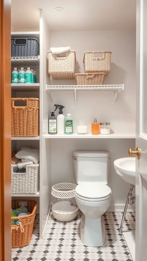 25+ Bathroom Closet Organization Ideas You’ll Love 8 Organized bathroom closet with labeled baskets and shelves
