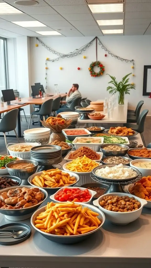 A colorful spread of food for an office Thanksgiving potluck, featuring various dishes and decorations.