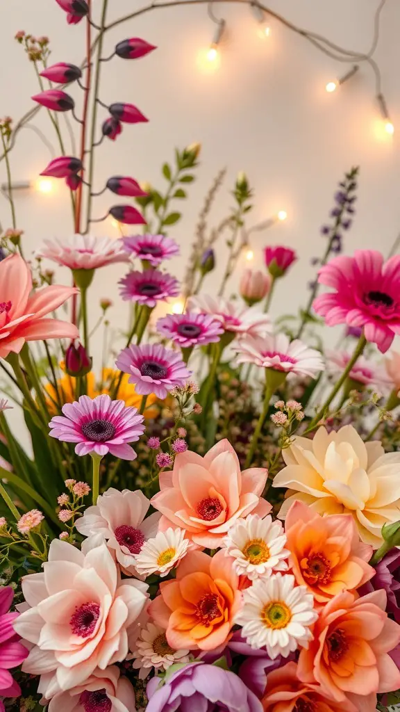 A colorful floral arrangement featuring pink, orange, and white flowers with twinkling lights in the background.