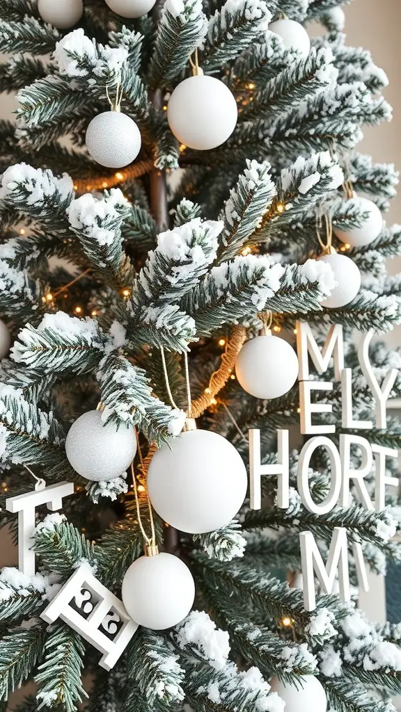 A beautifully decorated Christmas tree with snowy pine branches, white ornaments, and warm lights.